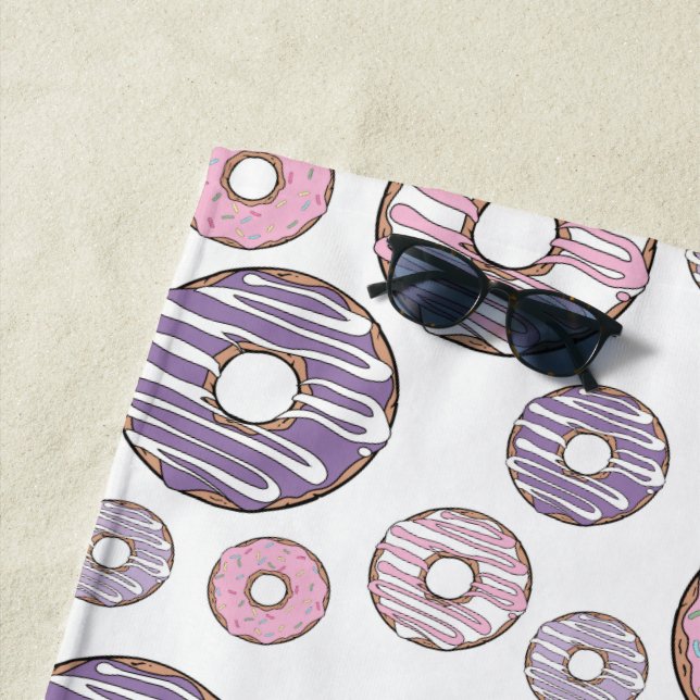 Pattern Of Doughnuts, Pink Doughnuts, Purple Dough Beach Towel (In Situ)