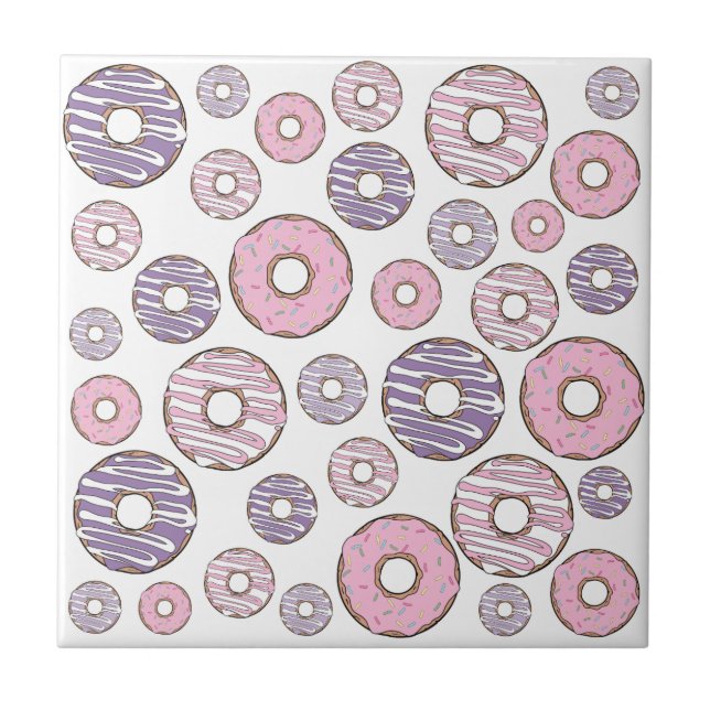 Pattern Of Doughnuts, Pink Doughnuts, Purple Dough Ceramic Tile (Front)