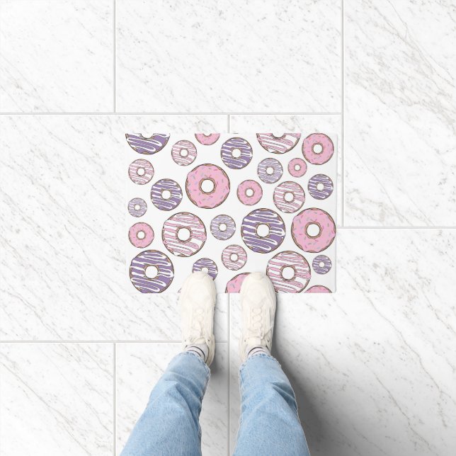 Pattern Of Doughnuts, Pink Doughnuts, Purple Dough Doormat (Indoor)