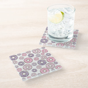 Pattern Of Doughnuts, Pink Doughnuts, Purple Dough Glass Coaster