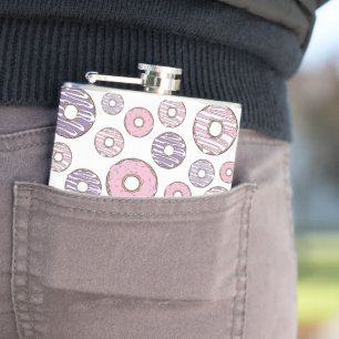 Pattern Of Doughnuts, Pink Doughnuts, Purple Dough Hip Flask