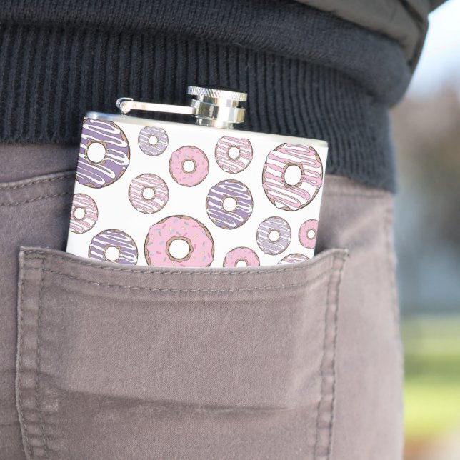 Pattern Of Doughnuts, Pink Doughnuts, Purple Dough Hip Flask (In Situ)