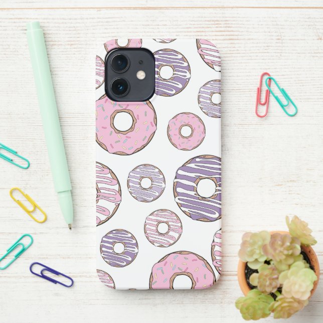 Pattern Of Doughnuts, Pink Doughnuts, Purple Dough iPhone Case (On Desk)