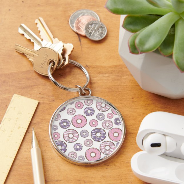Pattern Of Doughnuts, Pink Doughnuts, Purple Dough Key Ring (Desk)