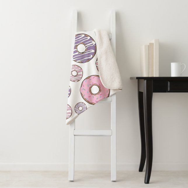 Pattern Of Doughnuts, Pink Doughnuts, Purple Dough Sherpa Blanket (In Situ)