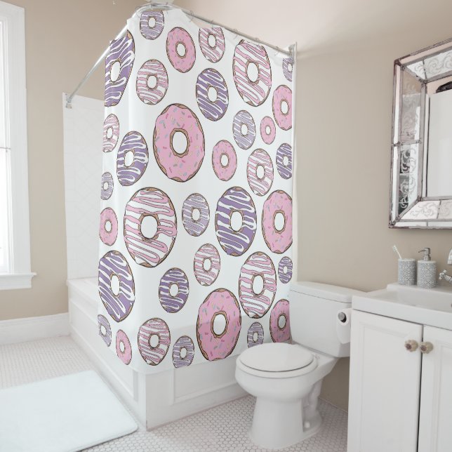 Pattern Of Doughnuts, Pink Doughnuts, Purple Dough Shower Curtain (In Situ)
