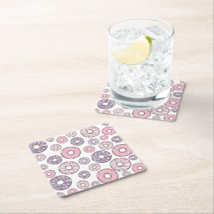 Pattern Of Doughnuts, Pink Doughnuts, Purple Dough Square Paper Coaster