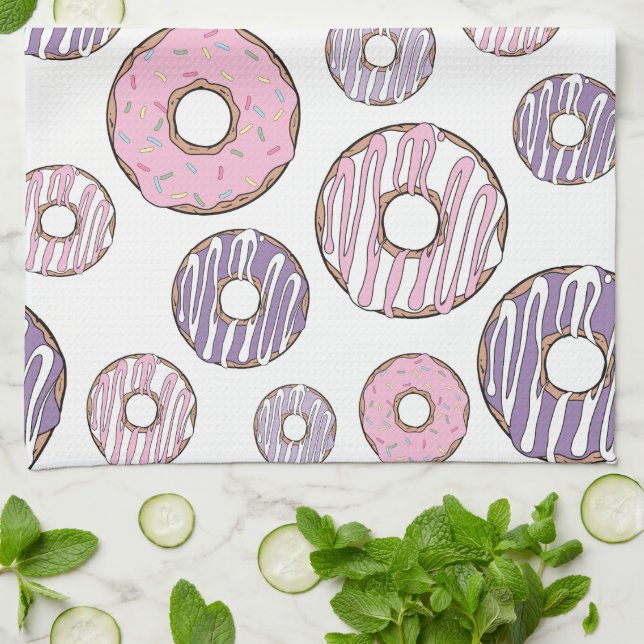 Pattern Of Doughnuts, Pink Doughnuts, Purple Dough Tea Towel (Folded)