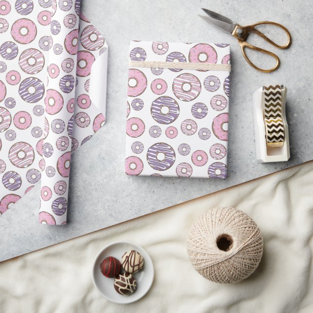 Pattern Of Doughnuts, Pink Doughnuts, Purple Dough Wrapping Paper (Crafts)