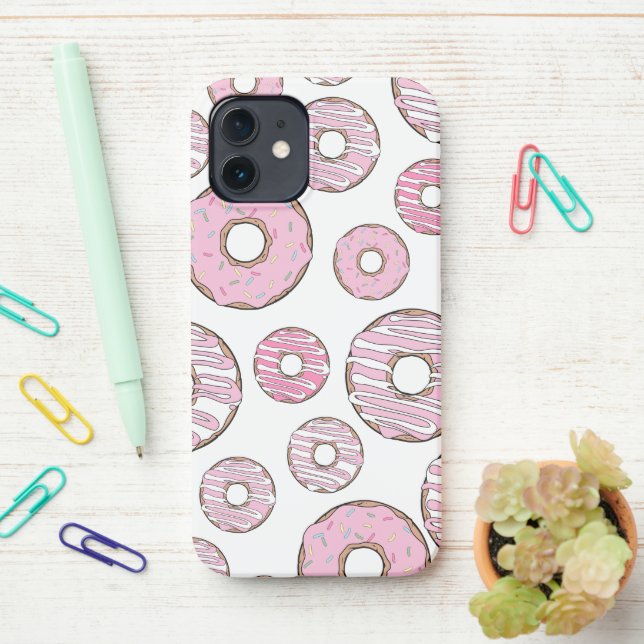 Pattern Of Doughnuts, Pink Doughnuts, Sprinkles iPhone Case (On Desk)