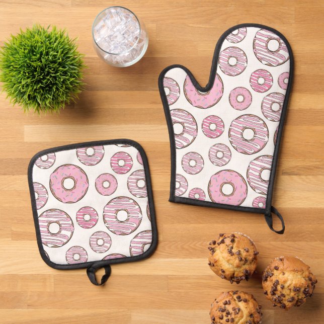 Pattern Of Doughnuts, Pink Doughnuts, Sprinkles Oven Mitt & Pot Holder Set (Top Down)
