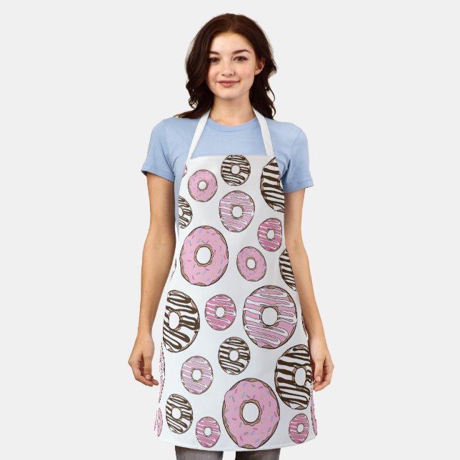 Pattern Of Doughnuts, Pink Doughnuts, White Doughn Apron (Worn)