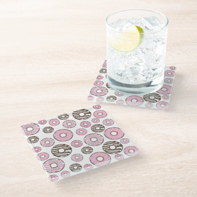 Pattern Of Doughnuts, Pink Doughnuts, White Doughn Glass Coaster (Angled)