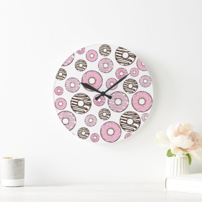 Pattern Of Doughnuts, Pink Doughnuts, White Doughn Large Clock (Home)