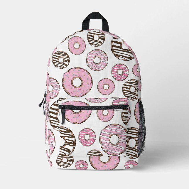 Pattern Of Doughnuts, Pink Doughnuts, White Doughn Printed Backpack (Front)