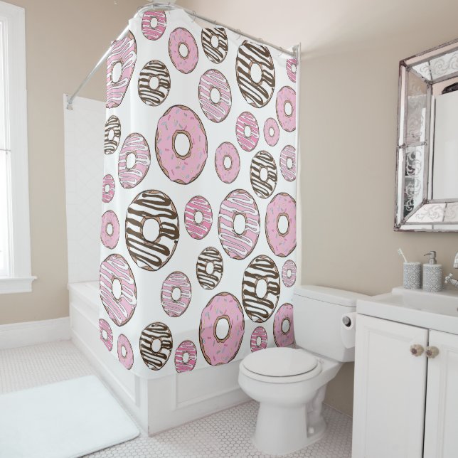 Pattern Of Doughnuts, Pink Doughnuts, White Doughn Shower Curtain (In Situ)
