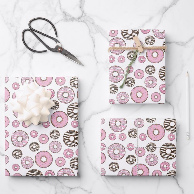 Pattern Of Doughnuts, Pink Doughnuts, White Doughn Wrapping Paper Sheet (Front)