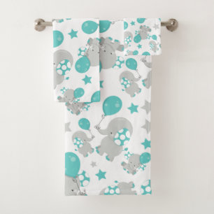 Pattern Of Elephants, Cute Elephants - Blue Grey Bath Towel Set