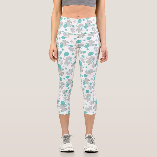 Pattern Of Elephants, Cute Elephants - Blue Grey Capri Leggings (Front)