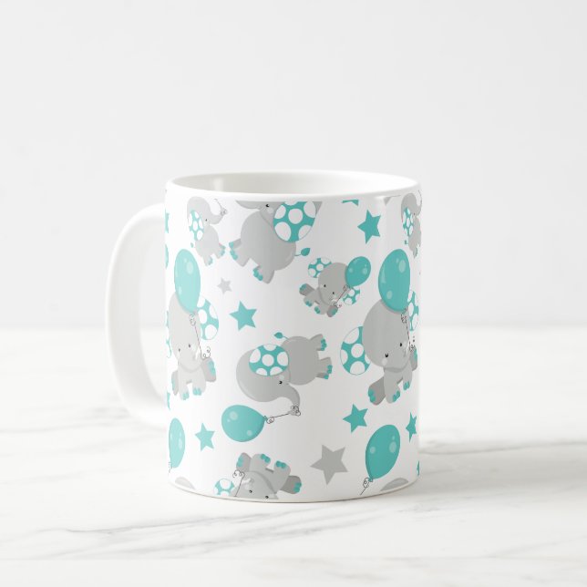 Pattern Of Elephants, Cute Elephants - Blue Grey Coffee Mug (Front Left)