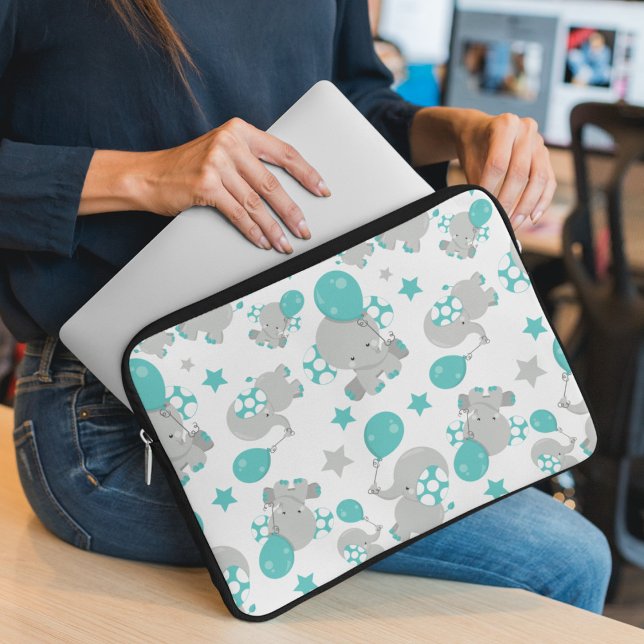 Pattern Of Elephants, Cute Elephants - Blue Grey Laptop Sleeve (Creator Uploaded)