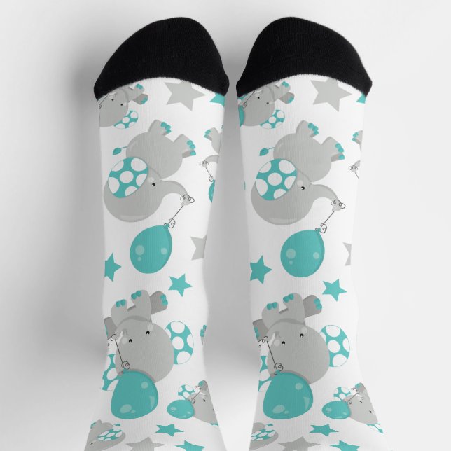 Pattern Of Elephants, Cute Elephants - Blue Grey Socks (Top)