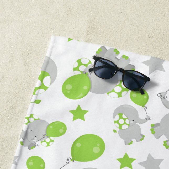 Pattern Of Elephants, Cute Elephants - Green Grey Beach Towel (In Situ)
