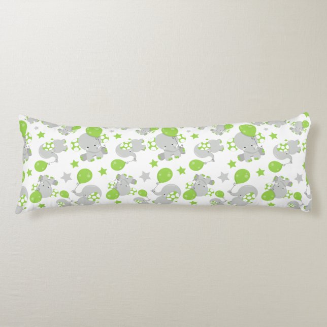 Pattern Of Elephants, Cute Elephants - Green Grey Body Cushion (Front)