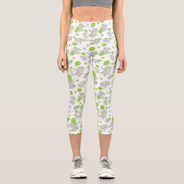 Pattern Of Elephants, Cute Elephants - Green Grey Capri Leggings (Front)