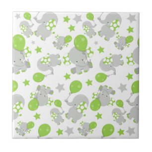 Pattern Of Elephants, Cute Elephants - Green Grey Ceramic Tile