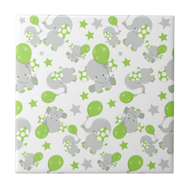 Pattern Of Elephants, Cute Elephants - Green Grey Ceramic Tile (Front)