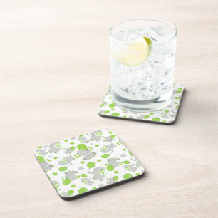 Pattern Of Elephants, Cute Elephants - Green Grey Coaster