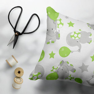 Pattern Of Elephants, Cute Elephants - Green Grey Decorative Cushion