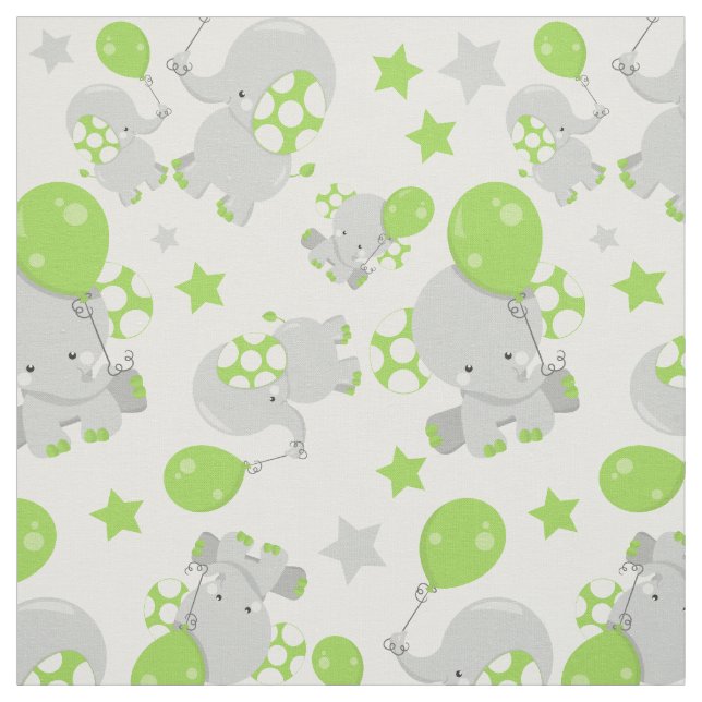 Pattern Of Elephants, Cute Elephants - Green Grey Fabric (Swatch)
