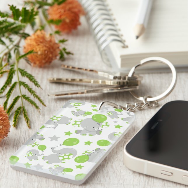 Pattern Of Elephants, Cute Elephants - Green Grey Key Ring (Front Right)