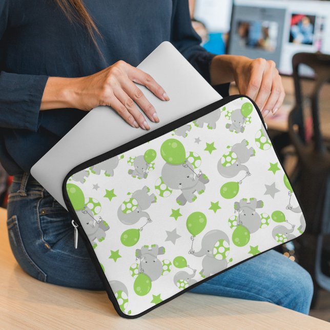 Pattern Of Elephants, Cute Elephants - Green Grey Laptop Sleeve (Creator Uploaded)