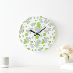 Pattern Of Elephants, Cute Elephants - Green Grey Large Clock