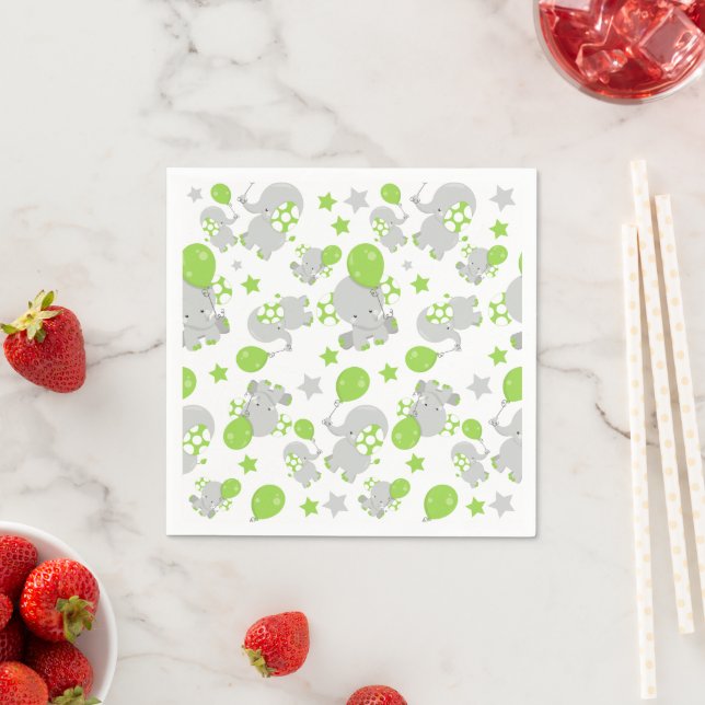 Pattern Of Elephants, Cute Elephants - Green Grey Napkin (Insitu)
