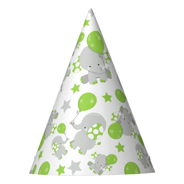 Pattern Of Elephants, Cute Elephants - Green Grey Party Hat (Front)