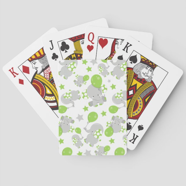 Pattern Of Elephants, Cute Elephants - Green Grey Playing Cards (Back)