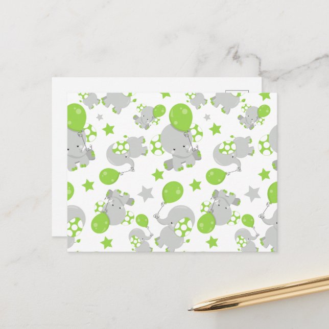 Pattern Of Elephants, Cute Elephants - Green Grey Postcard (Front/Back In Situ)