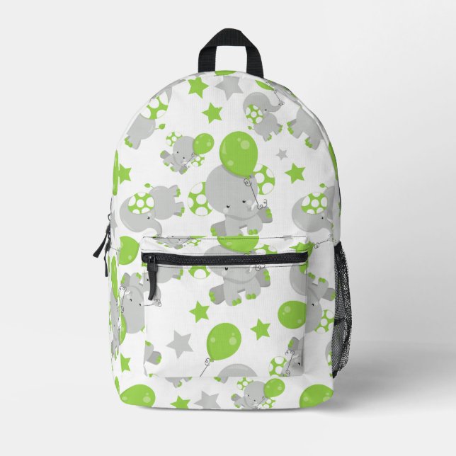Pattern Of Elephants, Cute Elephants - Green Grey Printed Backpack (Front)