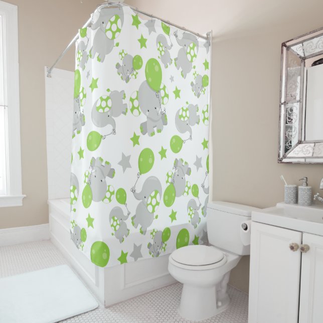Pattern Of Elephants, Cute Elephants - Green Grey Shower Curtain (In Situ)