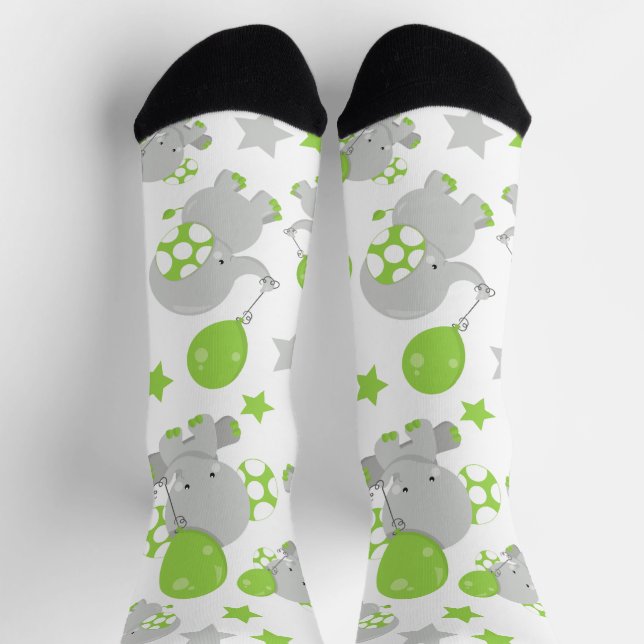 Pattern Of Elephants, Cute Elephants - Green Grey Socks (Top)