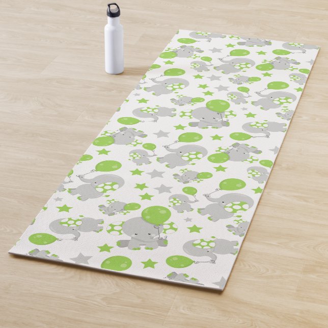 Pattern Of Elephants, Cute Elephants - Green Grey Yoga Mat (In Situ)