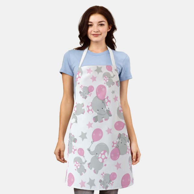 Pattern Of Elephants, Cute Elephants - Pink Grey Apron (Worn)