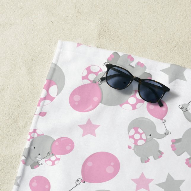 Pattern Of Elephants, Cute Elephants - Pink Grey Beach Towel (In Situ)