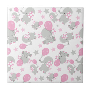 Pattern Of Elephants, Cute Elephants - Pink Grey Ceramic Tile