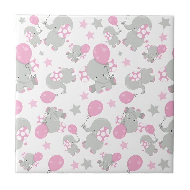 Pattern Of Elephants, Cute Elephants - Pink Grey Ceramic Tile (Front)