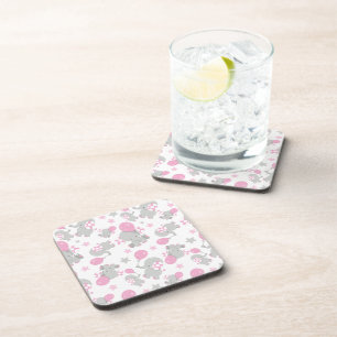 Pattern Of Elephants, Cute Elephants - Pink Grey Coaster